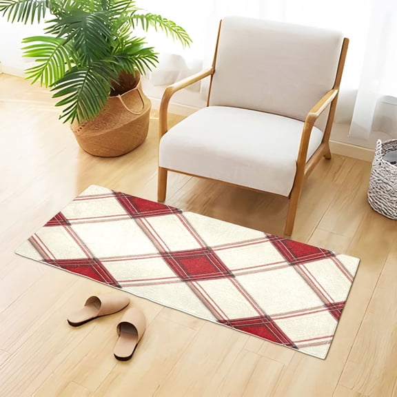 Red-beige Plaids Plush Carpet Non Slip Runner Rug Absorbent Bath Mat 39" x 20"