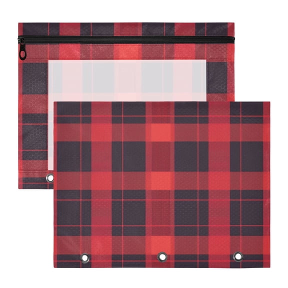 Red-black Plaid 3-Ring Binder Pouches A4 Size Zipper Pocket File Storage 2 Packs