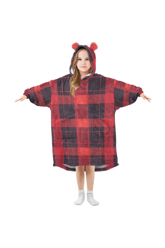 Red-black Plaid Flannel Wearable Blankets Hooded Design Long Sleeves Wrap Unisex for 3T-14Y S