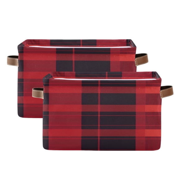 Red-black Plaid Square Storage Bins with Handles Collapsible Containing Box 2 Packs