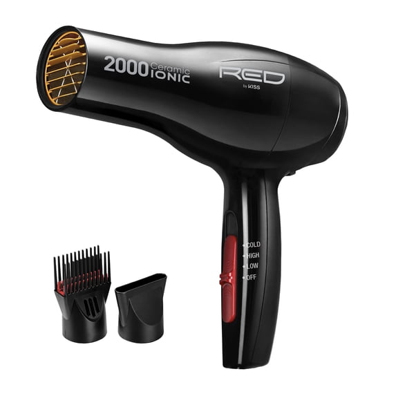 RED by Kiss 2000W Ceramic Ionic Hair Dryer – Anti-Frizz Blow Dryer with 3 Heat/Speed Settings, Lightweight Compact Design, 2 Bonus Detangler Piks for All Hair Types