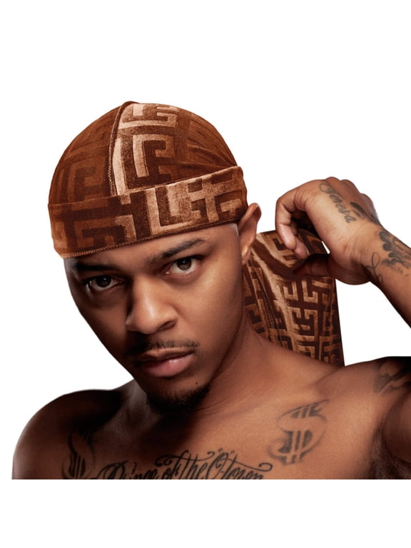 Red by Kiss Bow Wow X Power Wave Premium Pattern Velvet Durag, Soft & Stretchy, Ultimate Compression, Secure Fit & Breathable (Brown Greek Key)