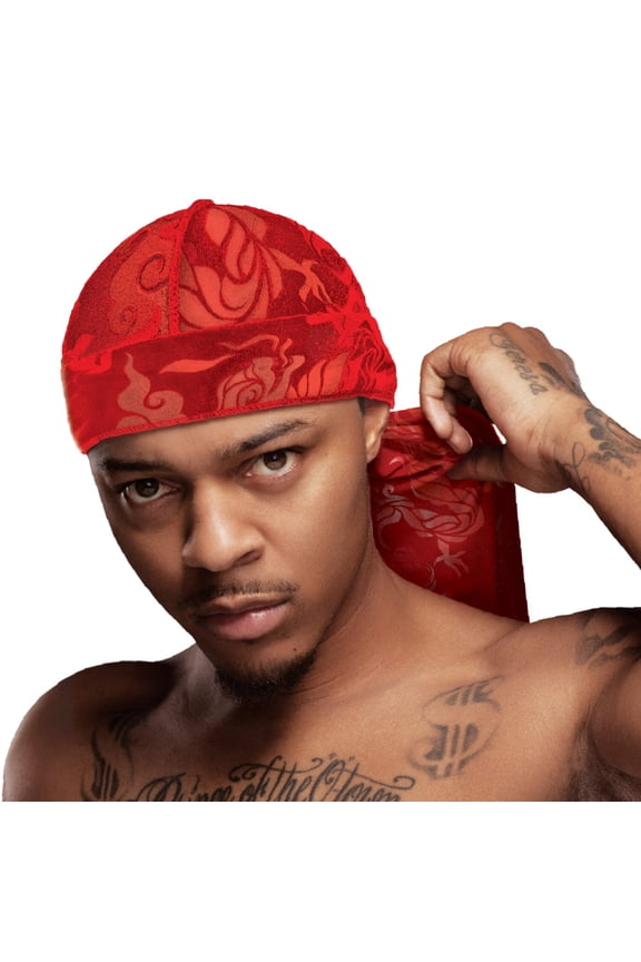 Red by Kiss Bow Wow X Power Wave Premium Pattern Velvet Durag, Soft & Stretchy, Ultimate Compression, Secure Fit & Breathable (Dragon Red)