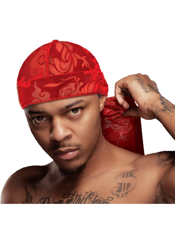 Red by Kiss Bow Wow X Power Wave Premium Pattern Velvet Durag, Soft & Stretchy, Ultimate Compression, Secure Fit & Breathable (Dragon Red)