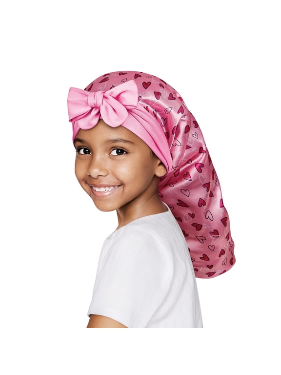 Kids Satin Adjustable Tie Braid Bonnet, Hearts