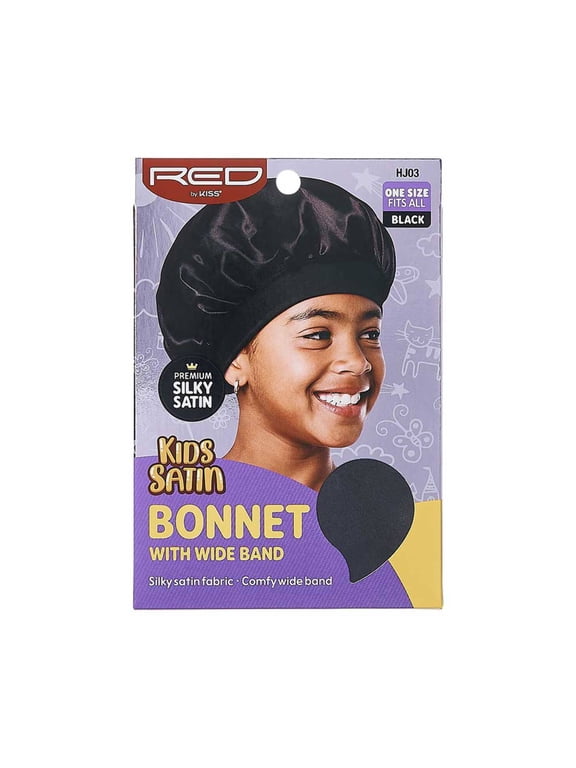 Red by Kiss Kids Satin Bonnet with Wide Band, Sleep Cap for Kids, Bonnet for Boys and Girls (Black)