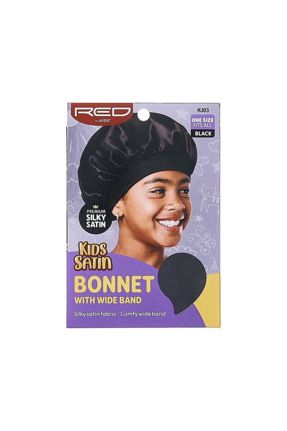 Red by Kiss Kids Satin Bonnet with Wide Band, Sleep Cap for Kids, Bonnet for Boys and Girls (Black)