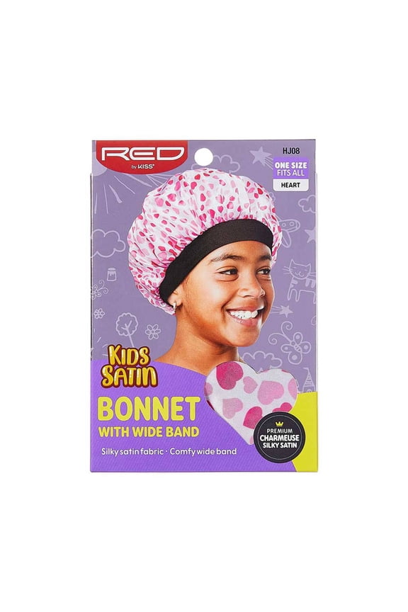 Red by Kiss Kids Satin Bonnet with Wide Band, Sleep Cap for Kids, Bonnet for Boys and Girls (Heart)