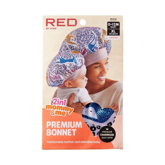 Red by Kiss 2-in-1 Mommy & Me Satin Bonnet Sleep Cap for Adult and Babies, Soft, Stretchy, and Safe, Protects Fragile Hair from Frizz & Breakage, Friction Bald Spots (Cheetah, 6-18M)