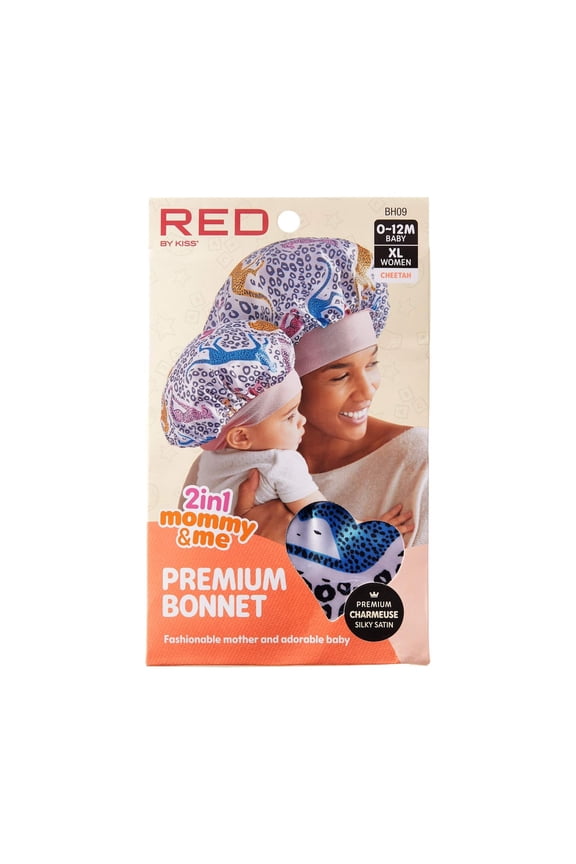 Red by Kiss 2-in-1 Mommy & Me Satin Bonnet Sleep Cap for Adult and Babies, Soft, Stretchy, and Safe, Protects Fragile Hair from Frizz & Breakage, Friction Bald Spots (Cheetah, 6-18M)