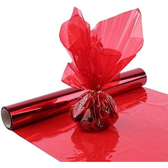 Red cellophane wrap roll, 16-inch x 100-foot semi-transparent colored cellophane wrapping paper, suitable for gift baskets,DIY art and craft decoration, etc. - Red