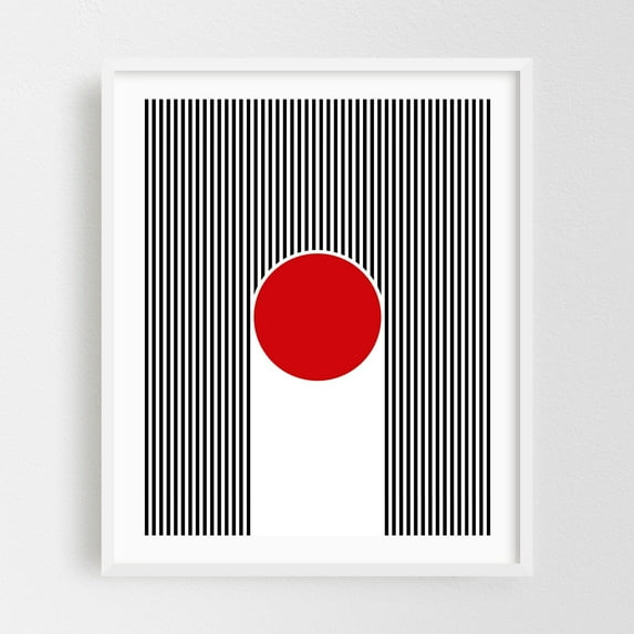 Red circle with black and white stripes - Illustration Geometric Line Art Modern Art Abstract Minimalist Pop Art Bauhaus White Framed Wall Art Print 12 x 16 inches