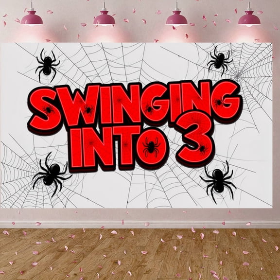 Red-colored Spider Pattern Birthday Banner 3D-styled Party Backdrop Eye-catching Decorative Display for 3rd Birthday Party Kids Superhero Celebration Indoor Photo Shoot