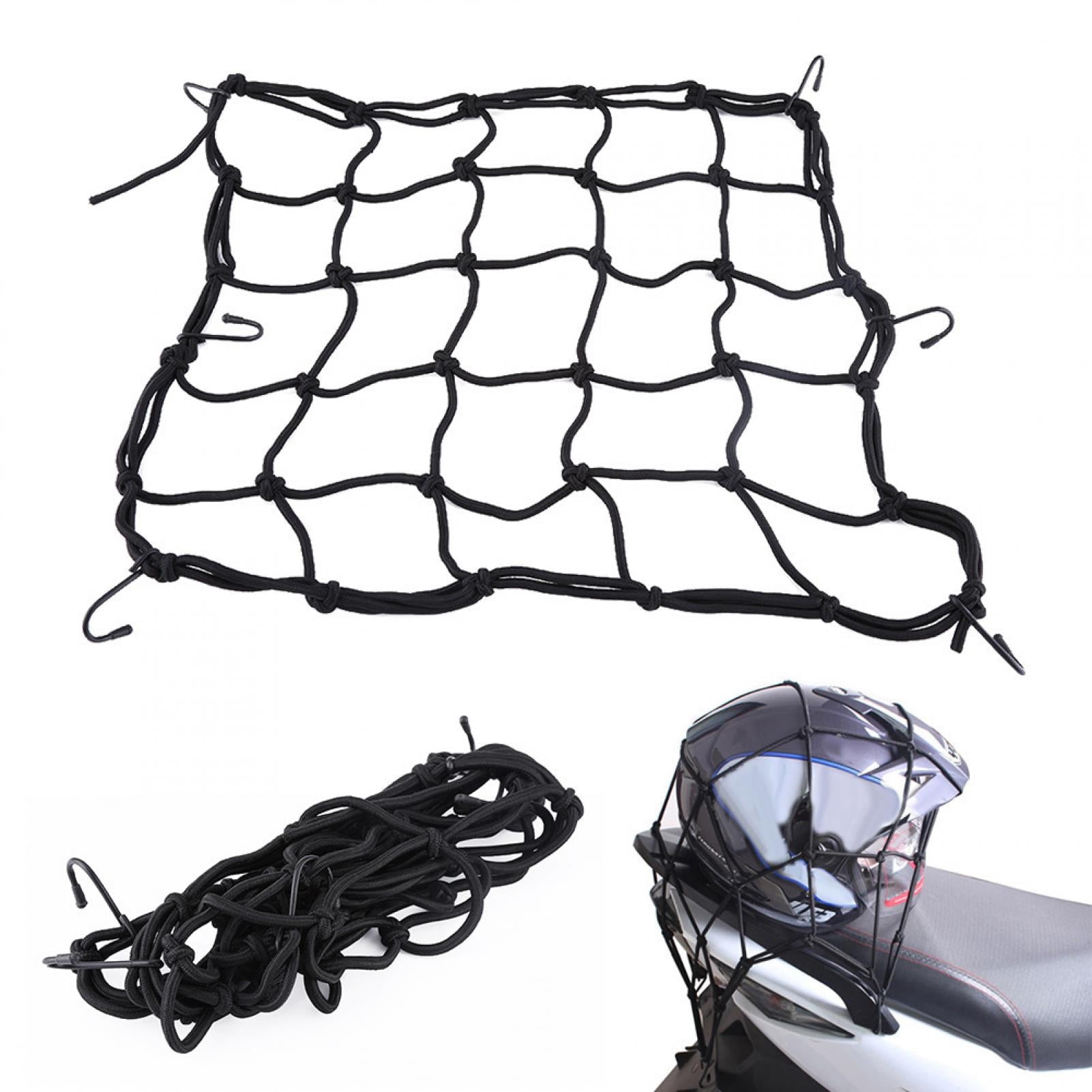 Red de Carga Motocicleta, Red Elstica Moto 40 X 40cm + Correa de Casco Cuerda Elstica con 6 Ganchos Pulpo Moto Equipaje Pulpos Elasticos Transporte para Bicicleta Moto Portaequipajes Trasero Negro