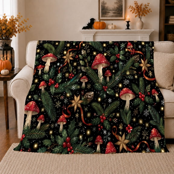 Red decorative motif With Evergreens Berries And Stars, Soft Flannel Blanket with Festive Botanical Illustration Print, Housewarming Gift and Home Decor for Bedroom and Living Room