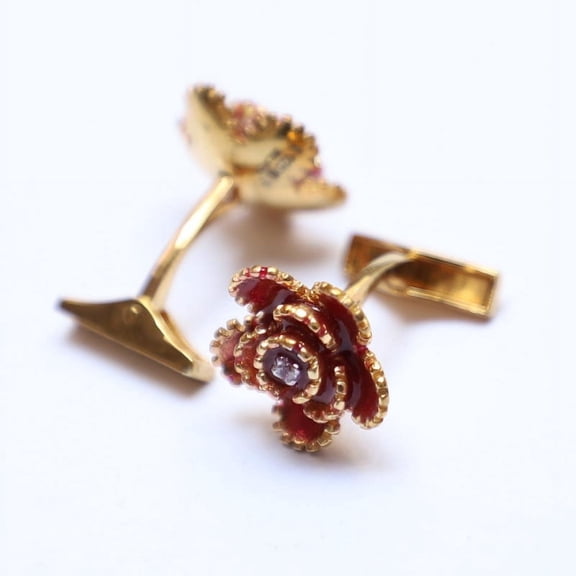 Red enamel flower shape sterling silver cufflinks with cubic zirconia stones – elegant men's jewelry