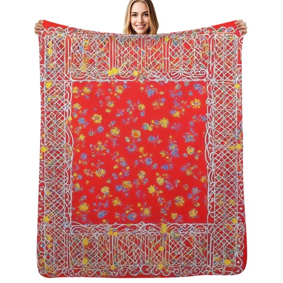 Red floral fabric white border Flannel Blanket Warm Soft Bedding Throws Winter Camping Chair Sofa Bed