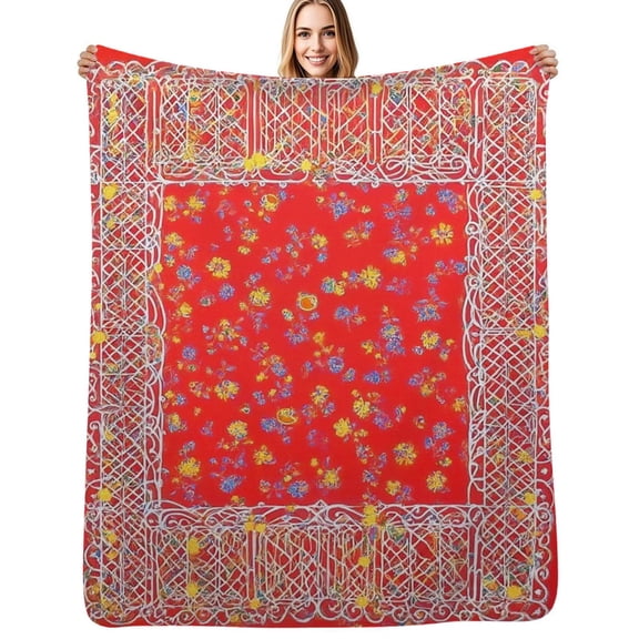 Red floral fabric white border Flannel Blankets Soft Throw Blanket Winter Travel Office Outdoor Bedspread