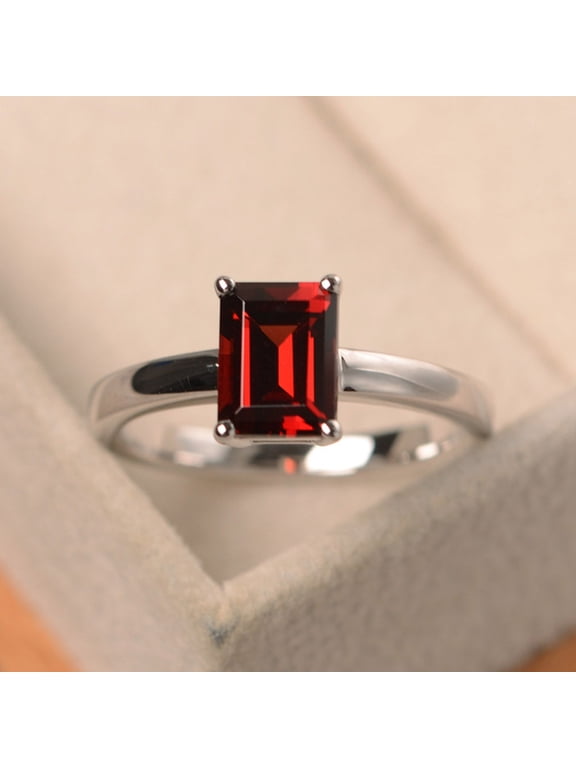 Red garnet ring, January birthstone, sterling silver, emerald cut, solitaire engagement ring for women