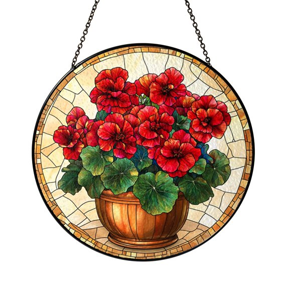Red geranium window suncatcher, bright stained style flower ornament for housewarming or birthdays