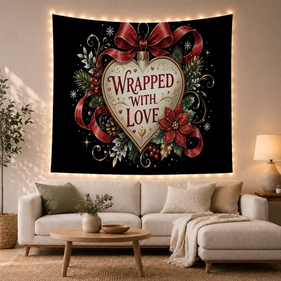 Red and gold Wrapped with Love heart ornament, bow, Elegant holiday romance Style for Romantic decor enthusiasts, Thoughtful Gift for Bedroom, living room, entryway, Tapestry Wall Hanging