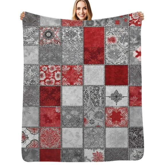 Red gray patchwork quilt design Flannel Blanket Warm Soft Bedding Throws Winter Camping Chair Sofa Bed