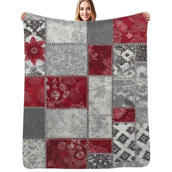 Red grey patchwork textile design Flannel Blanket Warm Soft Bedding Throws Winter Camping Chair Sofa Bed