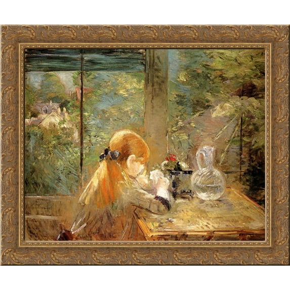 Red haired girl sitting on a veranda 24x20 Gold Ornate Wood Framed Canvas Art by Morisot, Berthe