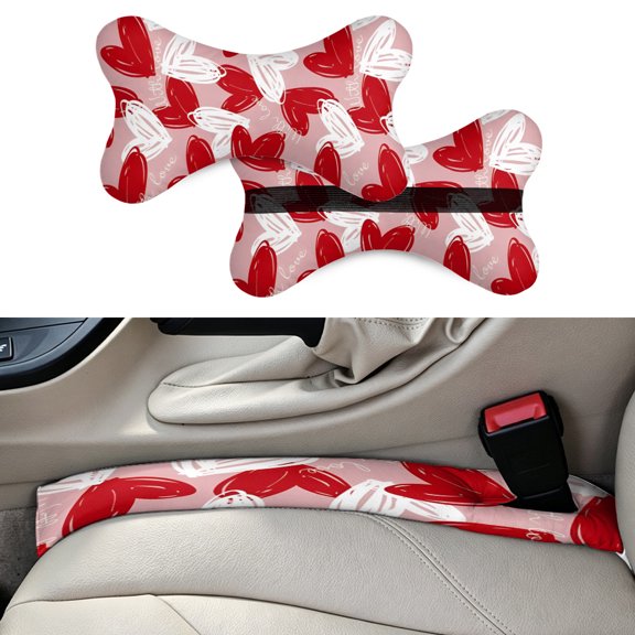 Red heart love Pattern 2pcs Car Headrest Car Neck Pillow + 2 pack Car Seat Gap Filler - Universal Car SUV Truck(style 4)