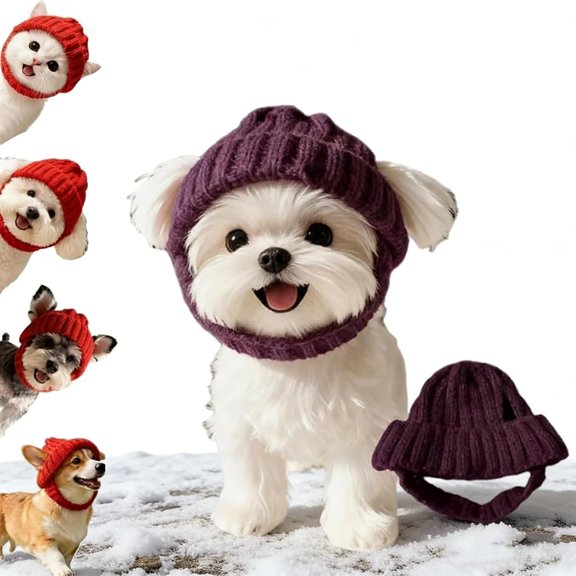 Red knitted dog hat, with warm fleece lining, ear flaps and ear holes, suitable for small dogs and cats.