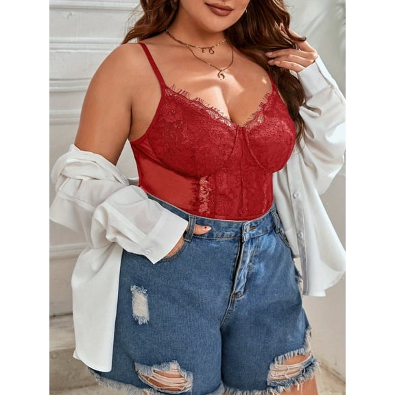 Red lace onesie Plus Size Eyelash Lace Bodysuit, Snap Crotch Sexy Top Lingerie, Club Outfit
