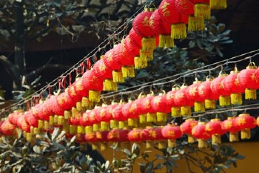 Red lanterns at a temple Jade Buddha Temple Shanghai China Canvas Art - Panoramic Images (36 x 24)