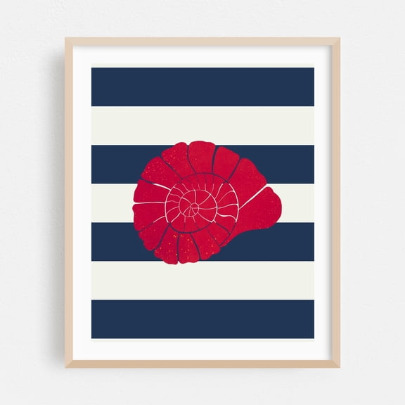 Red nautilus and nautical stripes - Illustration Nautical Abstract Pattern Geometric Modern Art Coastal Minimalist Oak Framed Wall Art Print 18 x 24 inches