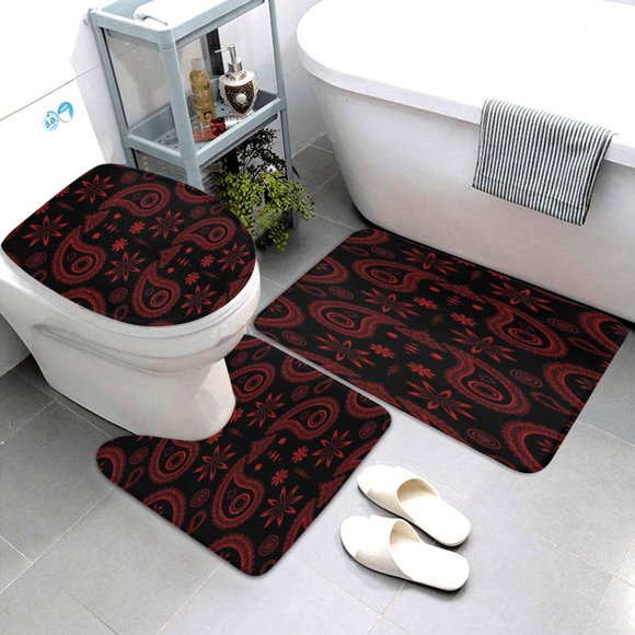 Red paisley bandana pattern Bath Mat Set 3 Piece Non Slip Rug Toilet Lid Cover Bathroom Decorations