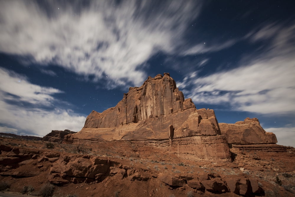 Red rock formation illuminatd by moonlight in Arches National Park Utah Canvas Art - Dan BarrStocktrek Images (35 x 23)