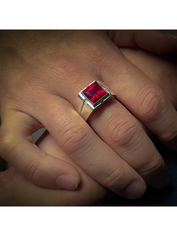 Red ruby silver statement gemstone ring for men, Clear ruby mens solitaire ring for men in 925 silver, Square cut ruby stone ring for men