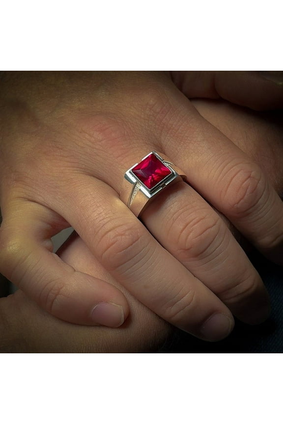 Red ruby silver statement gemstone ring for men, Clear ruby mens solitaire ring for men in 925 silver, Square cut ruby stone ring for men