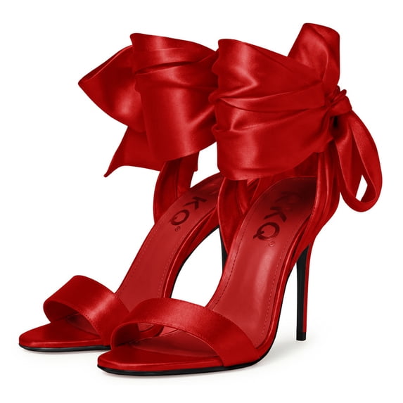 Red silk satin ankle wrap big bow stiletto heels for women sexy elegant open round toe high heels, wedding prom bachelorette cocktail party evening dress