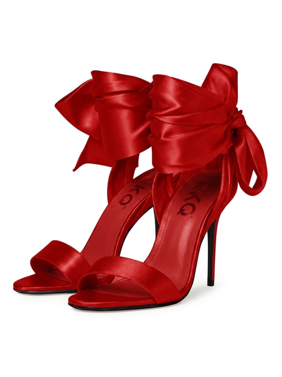 Red silk satin ankle wrap big bow stiletto heels for women sexy elegant open round toe high heels, wedding prom bachelorette cocktail party evening dress