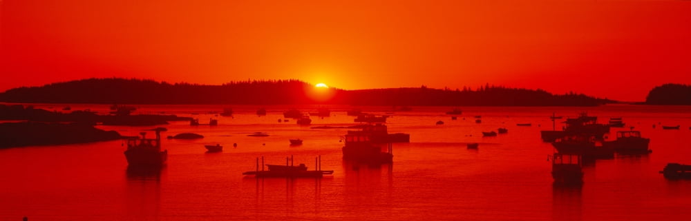 Red sunrise at Lobster Village Stonington Maine Canvas Art - Panoramic Images (27 x 9)