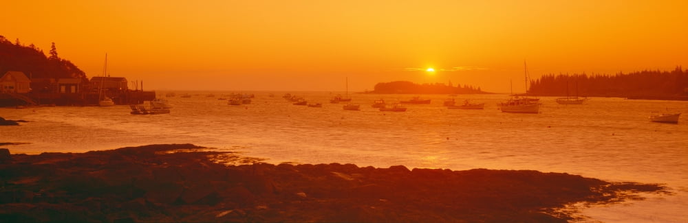 Red sunrise at Lobster Village Tenants Harbor Maine Canvas Art - Panoramic Images (36 x 12)