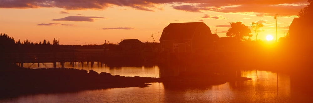Red sunset at Lobster Village Stonington Maine Canvas Art - Panoramic Images (36 x 12)