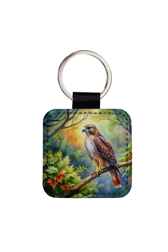 Red-tailed Hawk Raptor Bird Of Prey In Tree Watercolor Faux Leather Square Keychain