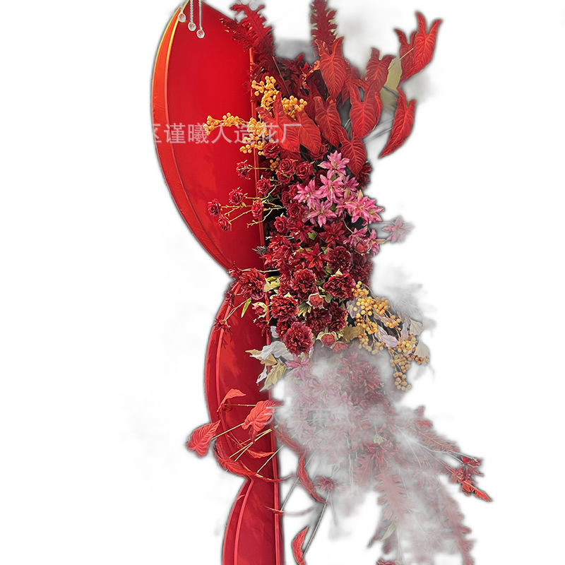 Red themed wedding banquet hall party simulation flower stage ceiling