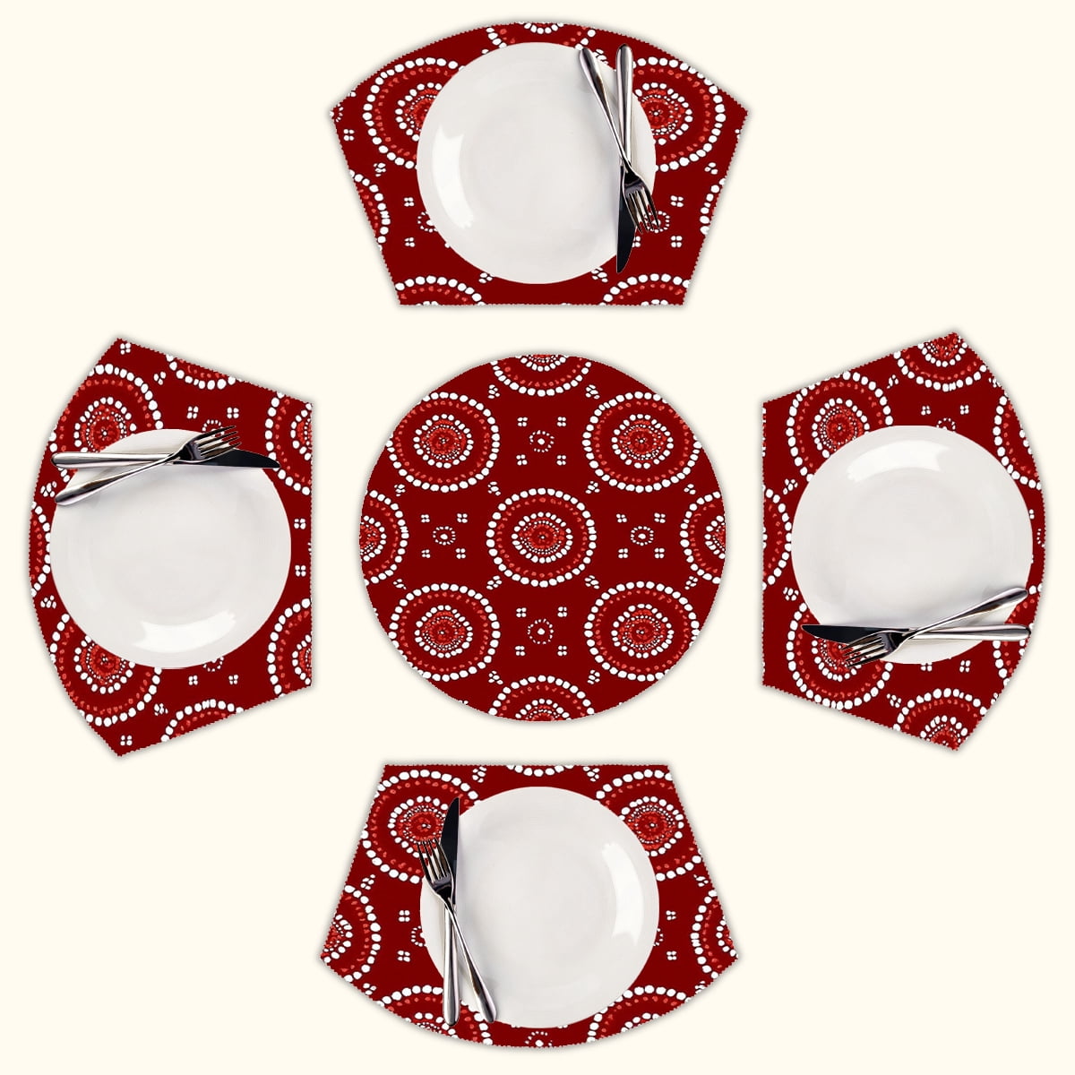 Red white circular pattern design Round Table Placemats Set Of 5 Wedge ...