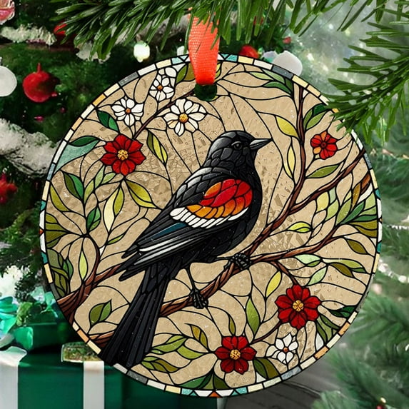 Red winged blackbird on branch GLASS Hanging, Bird Lover Decor, Bird Nerd, Home Decor, Bird Suncatcher Decor, Red winged blackbird Decor, Ornament 2025, Holiday 2025, Seasonal