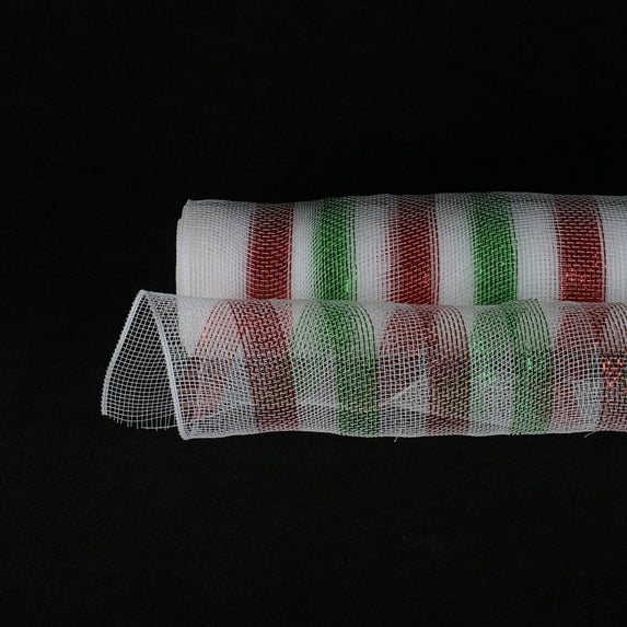 Red with Apple Green - Poly Deco Mesh Wreath Material with Laser Mono Stripe - ( 21 Inch x 10 Yards )