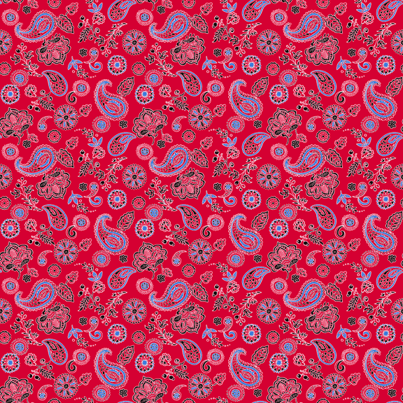 Red with Blue Floral Paisley Bandana - Single Piece 22x22