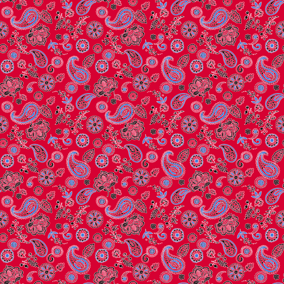 Red with Blue Floral Paisley Bandana - Single Piece 22x22