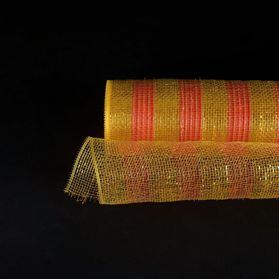 Red with Gold - Poly Deco Mesh Wreath Material with Laser Mono Stripe - ( 21 Inch x 10 Yards )